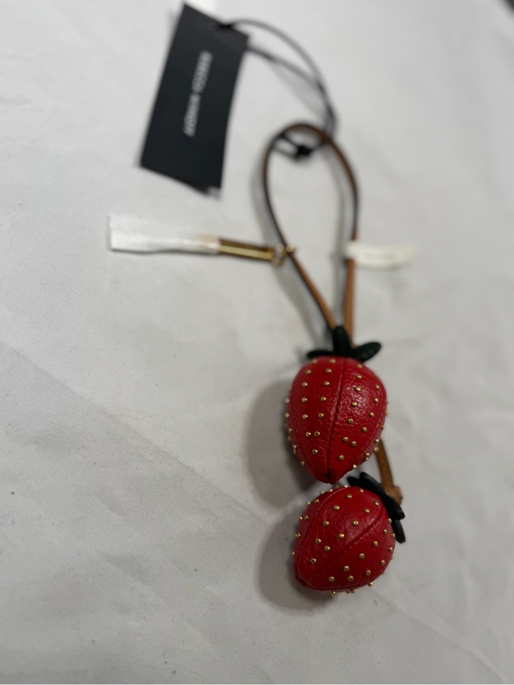 NWT Rebecca Minkoff Genuine Leather Strawberry Bag Charm Keychain Red Gold Studs